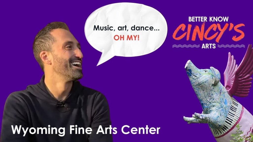 Wyoming Fine Arts Center showcasing music, art, and dance performances with vibrant visuals and creative sculptures.