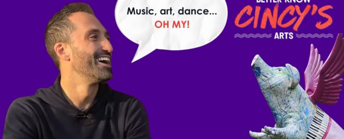 Wyoming Fine Arts Center showcasing music, art, and dance performances with vibrant visuals and creative sculptures.