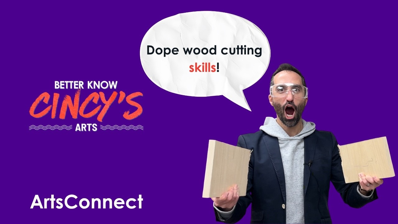 Man demonstrating woodworking skills at ArtsConnect event, promoting arts education and community engagement through hands-on art activities.