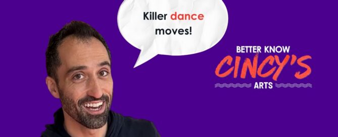 Pones, a dance artist, smiling with a speech bubble that says "Killer dance moves!" promoting dance accessibility and community engagement.