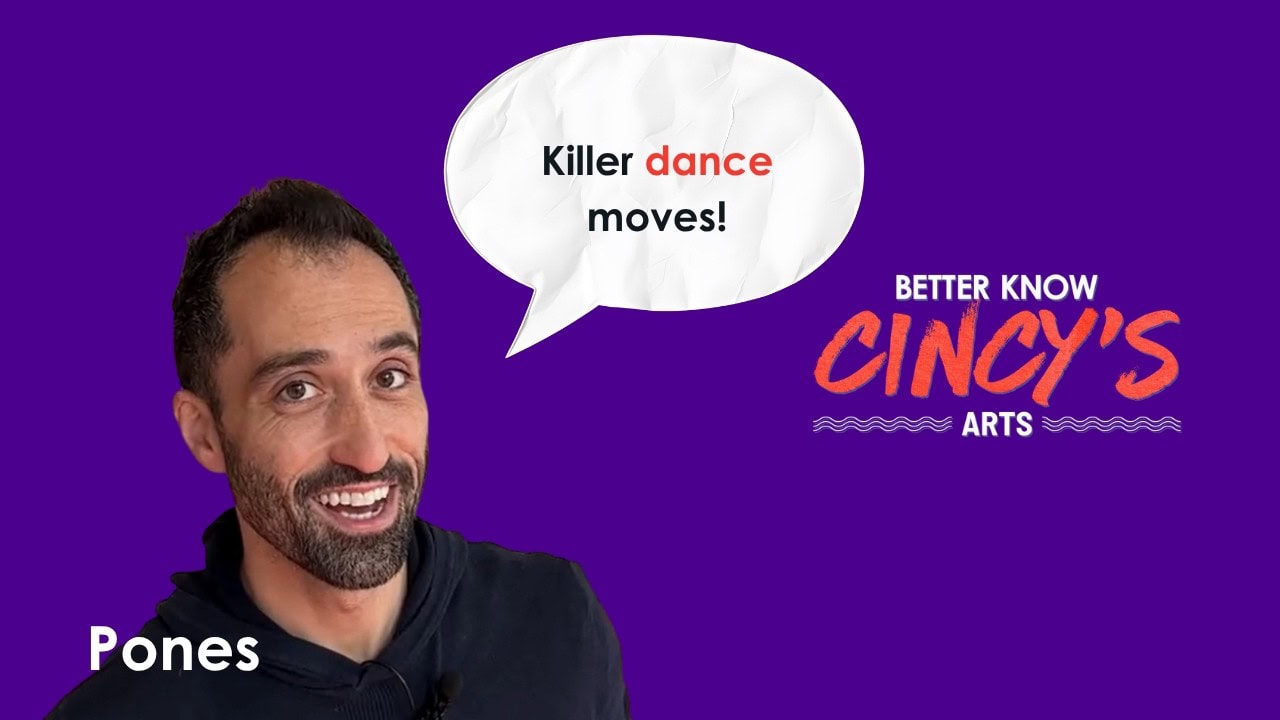 Pones, a dance artist, smiling with a speech bubble that says "Killer dance moves!" promoting dance accessibility and community engagement.