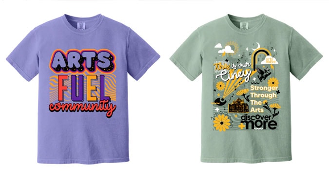 Two colorful T-shirts promoting Cincinnati's arts community, featuring vibrant designs and messages about supporting local arts and expressing love for Cincinnati's cultural scene.