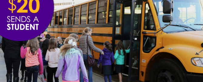 Students boarding a yellow school bus, celebrating Teacher Appreciation Week.