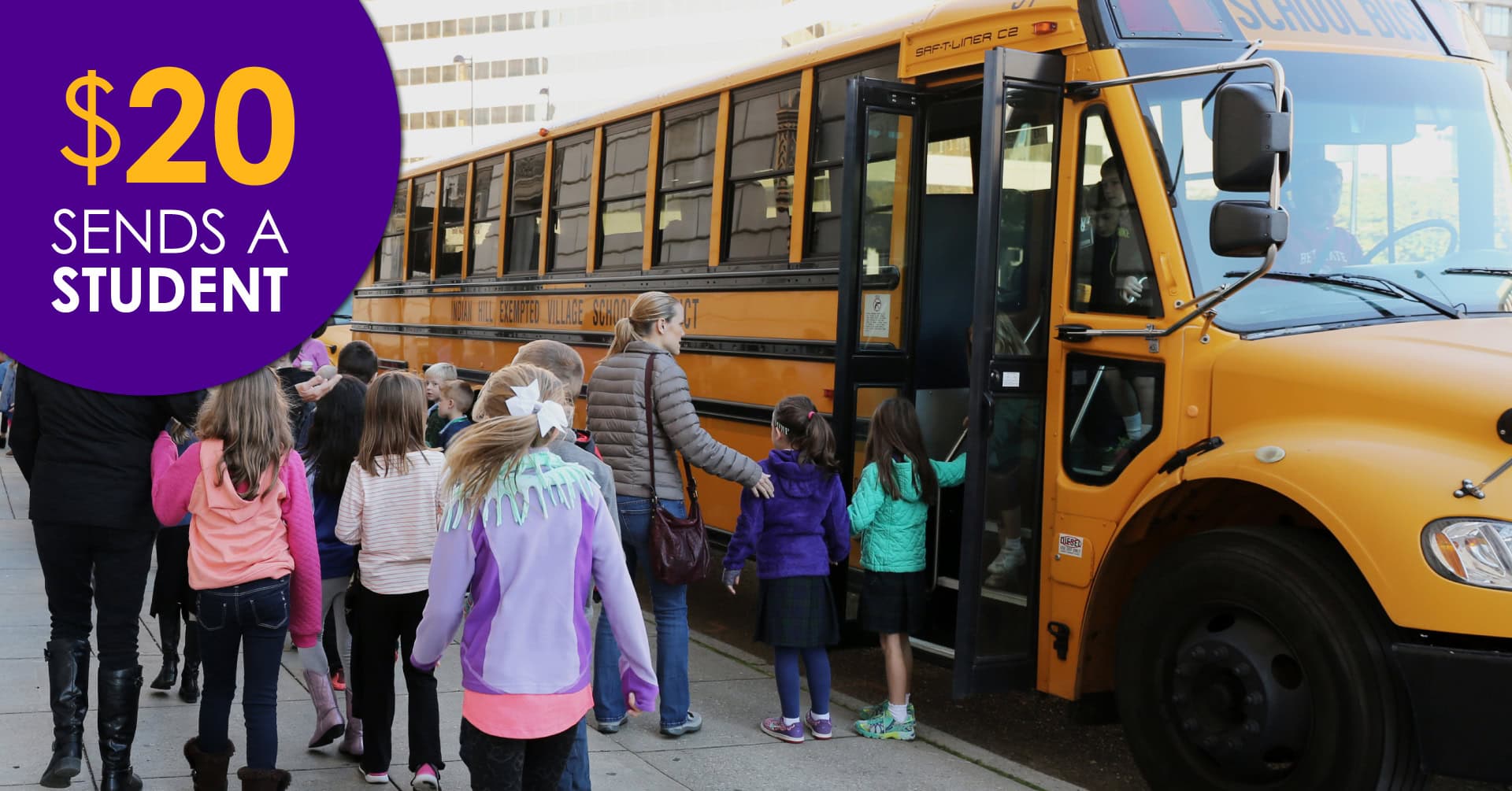 Students boarding a yellow school bus, celebrating Teacher Appreciation Week.