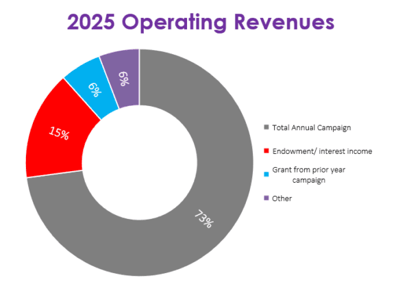 Pie chart illustrating ArtsWave's 2025 operating revenues, including campaign income, grants, endowment, and other sources.