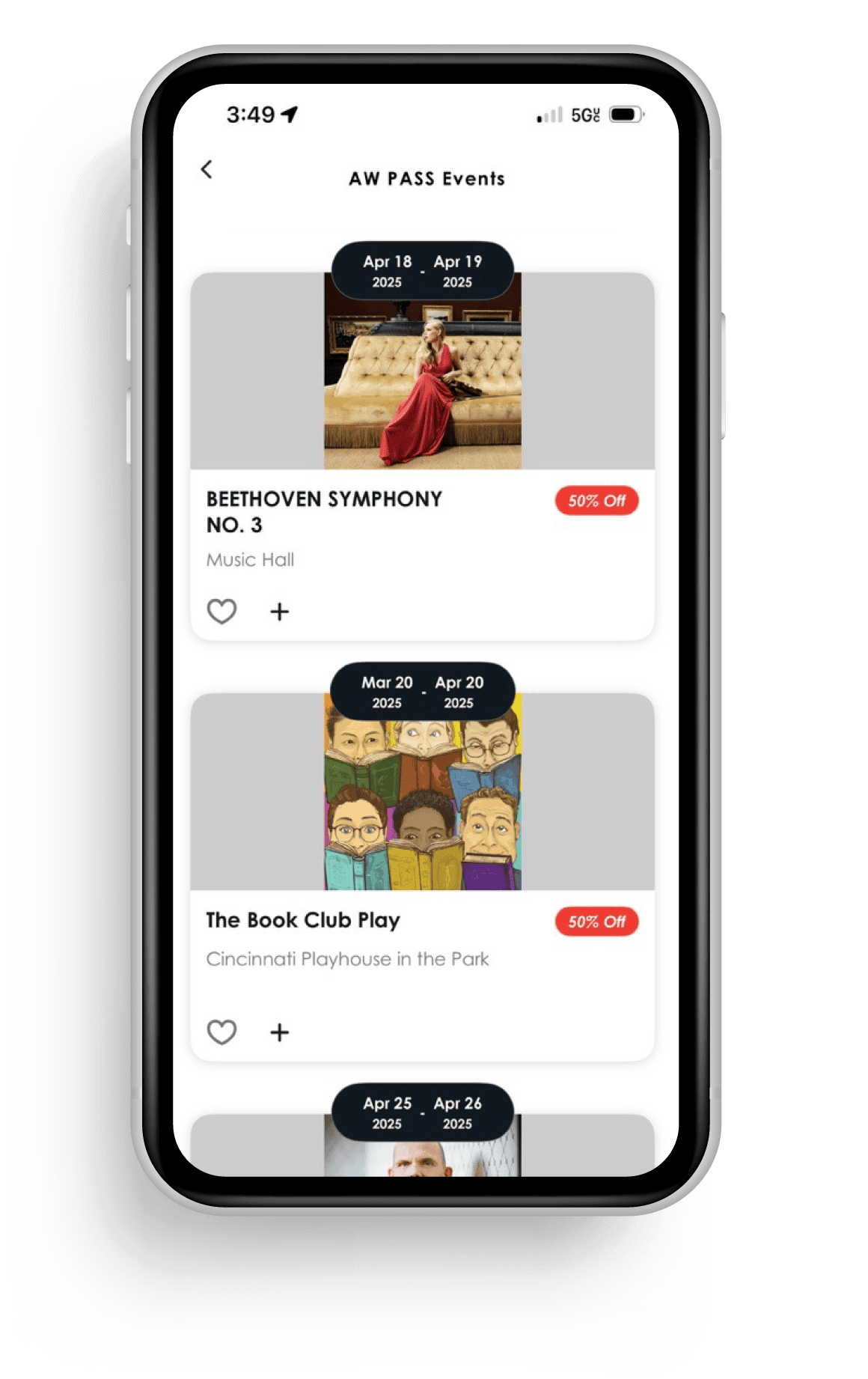 Digital screenshot of ArtsWave app displaying Beethoven Symphony No. 3 event with 50% discount, scheduled for April 18-19, 2025, at Music Hall.