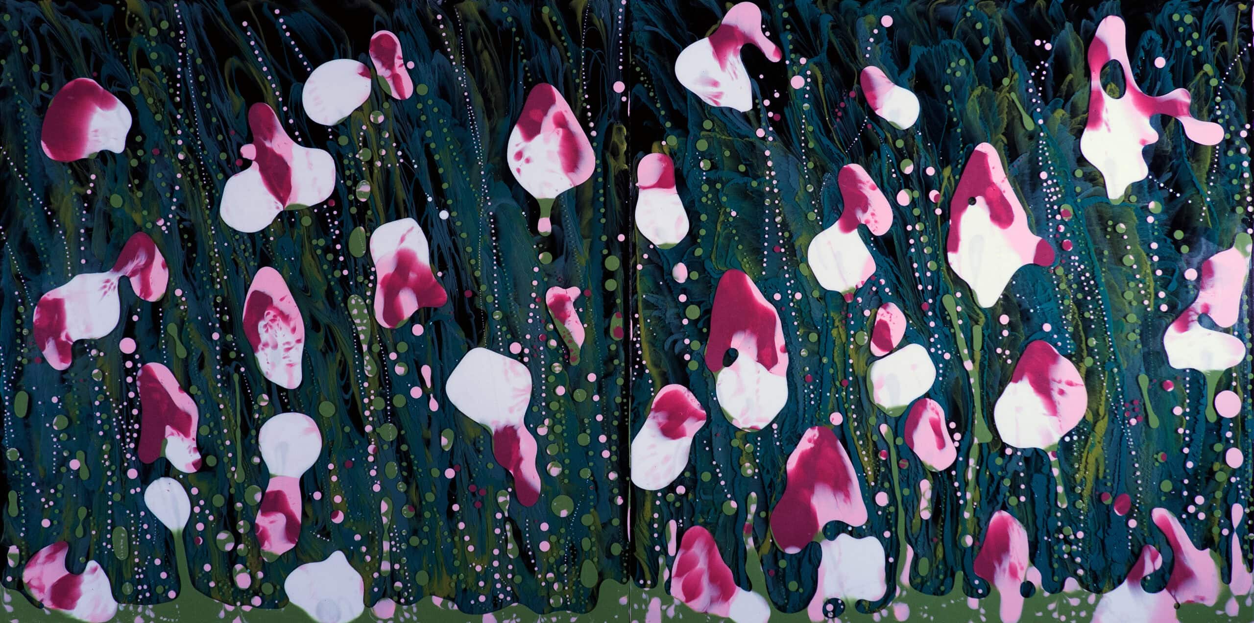 Vibrant floral abstract artwork featuring pink and white flowers with green and blue background, celebrating Cincinnati's arts and culture scene.