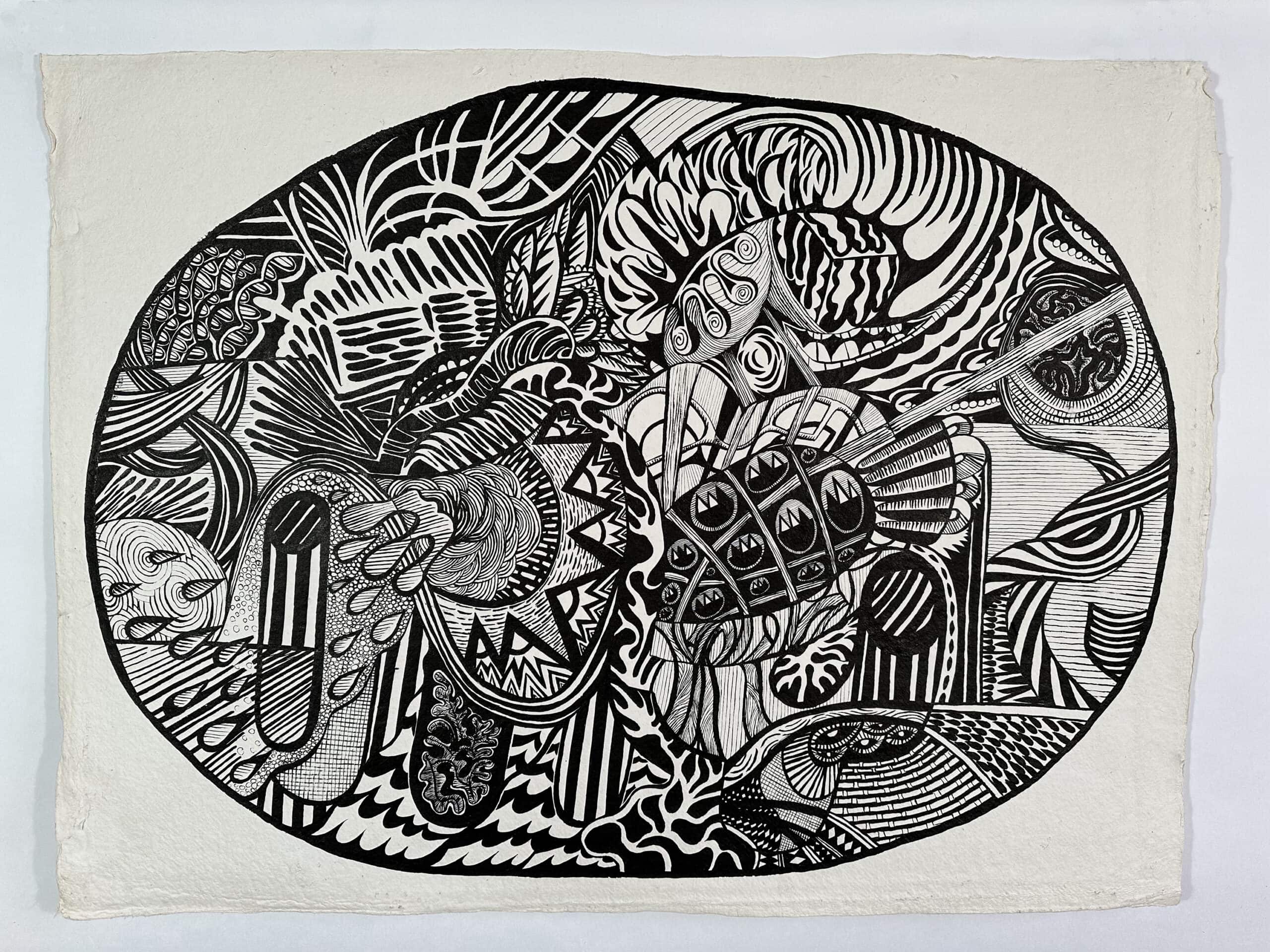 Abstract mural art with intricate patterns and bold lines, showcasing a dynamic composition of shapes and textures.