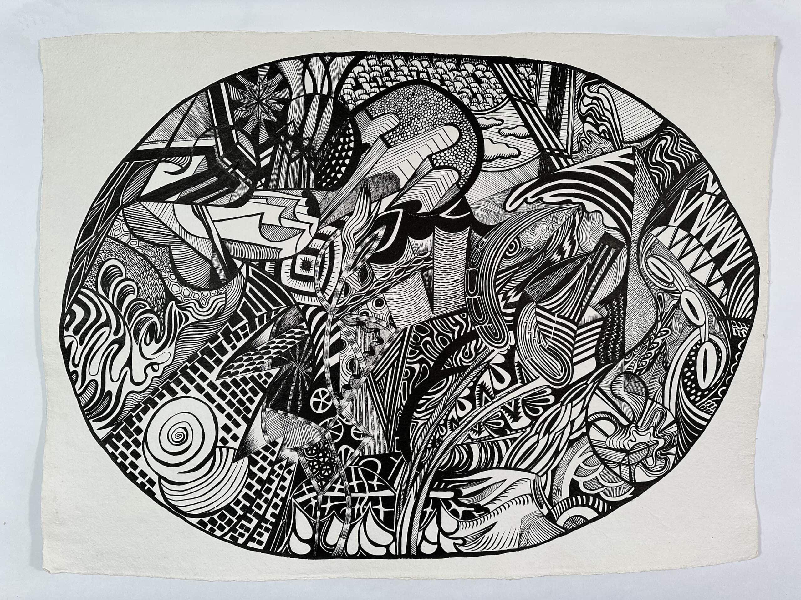 An intricate black and white abstract drawing featuring swirling patterns, geometric shapes, and detailed line work, showcasing artistic creativity and expression.