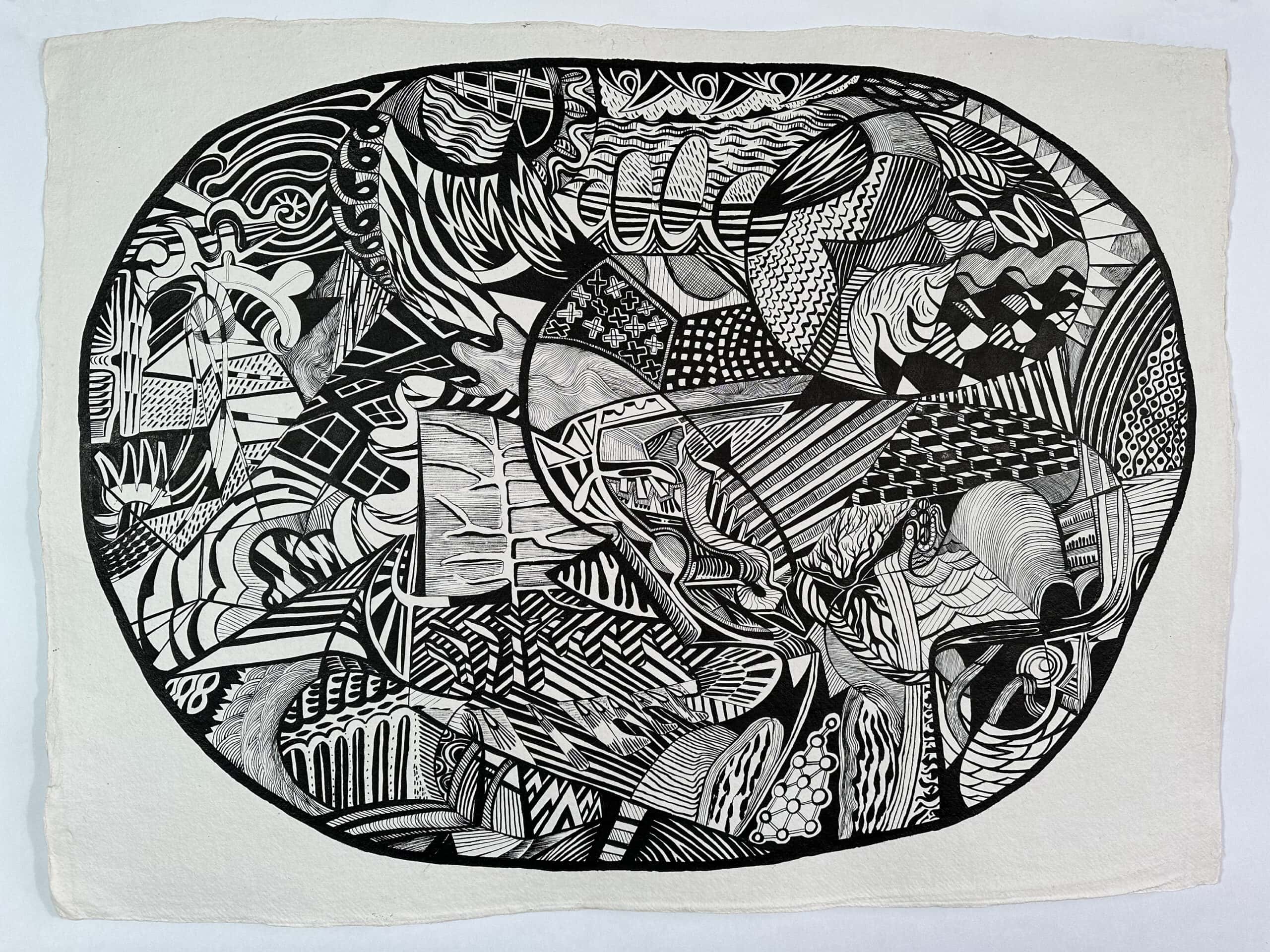 A detailed black and white abstract artwork featuring intricate patterns, swirling lines, and geometric shapes, creating a visually engaging composition.