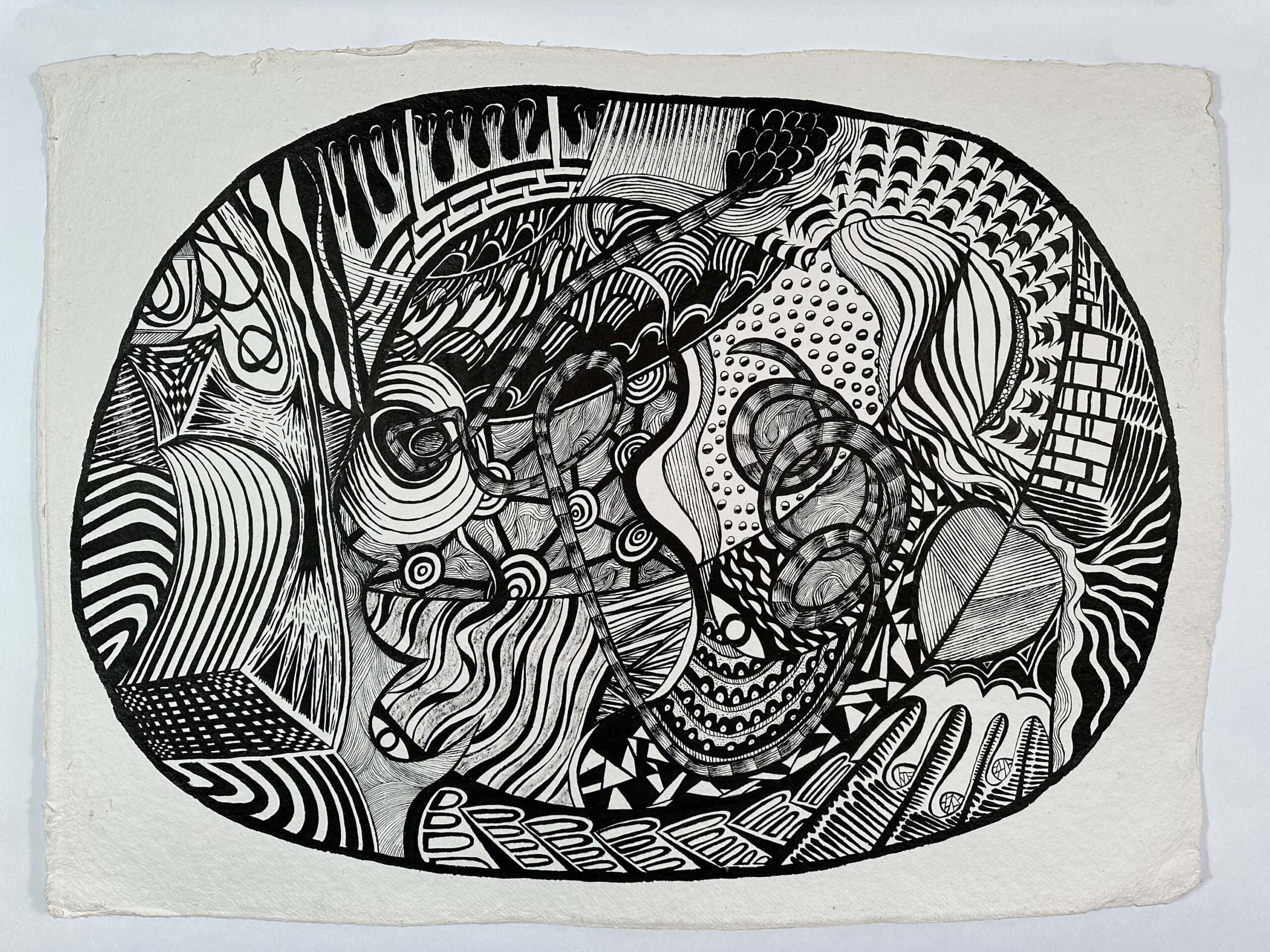 An intricate black and white abstract drawing featuring swirling patterns, geometric shapes, and detailed line work, creating a dynamic and engaging visual composition.