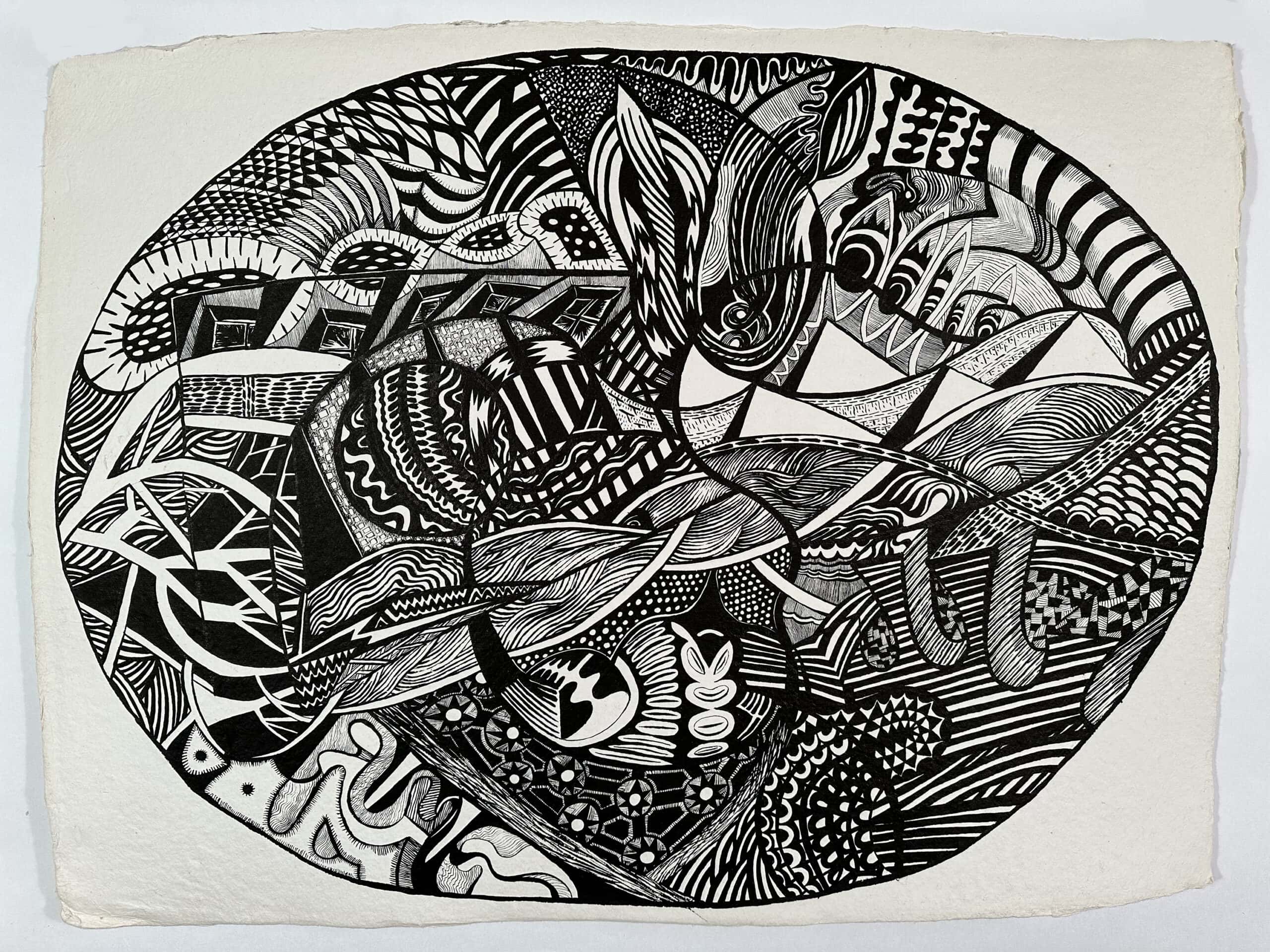 Abstract black and white artwork featuring complex patterns and detailed line work.