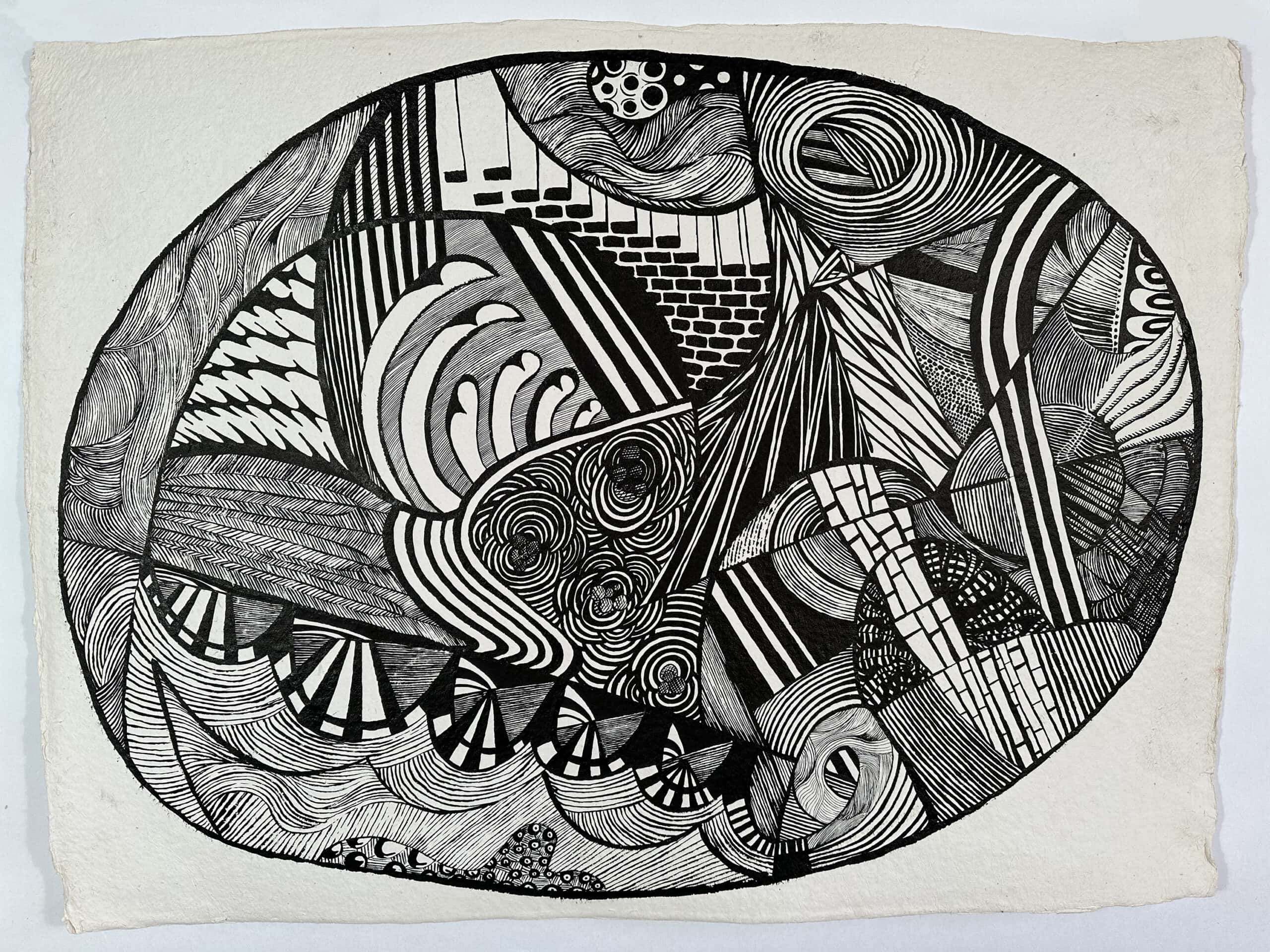 Abstract black and white artwork featuring complex patterns and geometric designs.