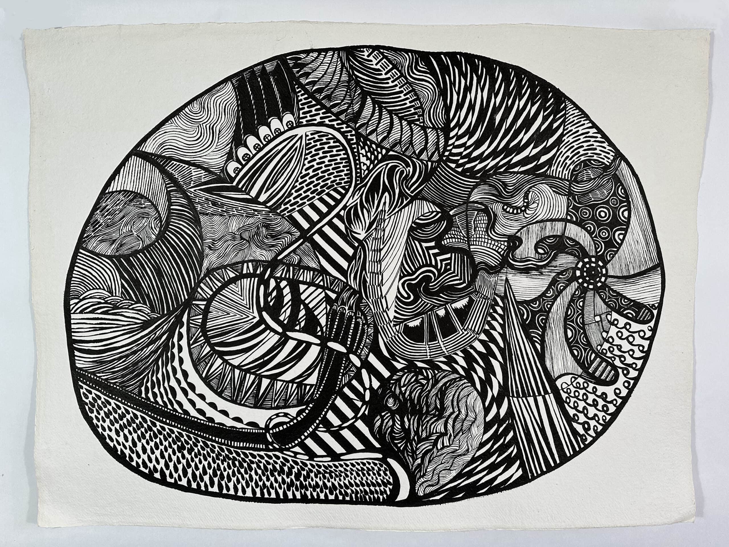 A detailed black and white abstract drawing featuring intricate patterns, swirling lines, and stylized faces within an oval shape, showcasing artistic creativity and complexity.