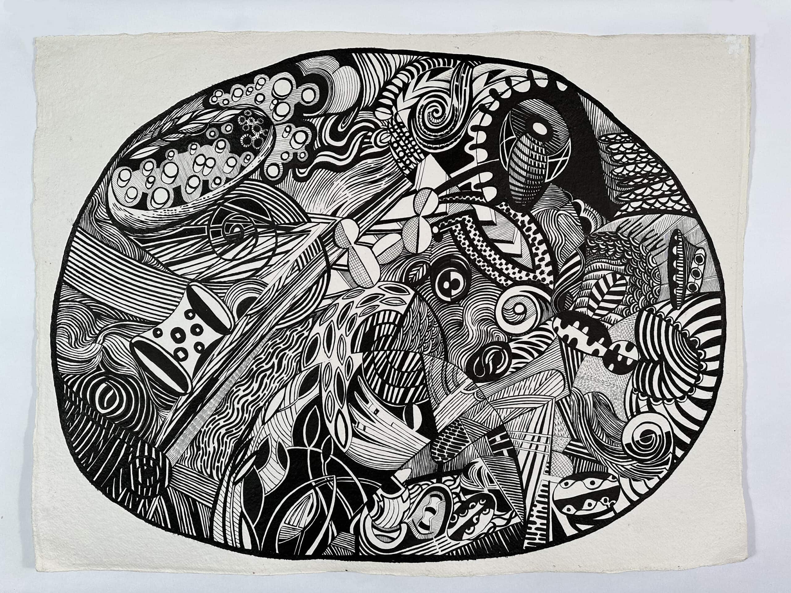 An intricate black and white abstract artwork featuring swirling patterns, geometric shapes, and detailed line work, showcasing creativity and artistic expression.