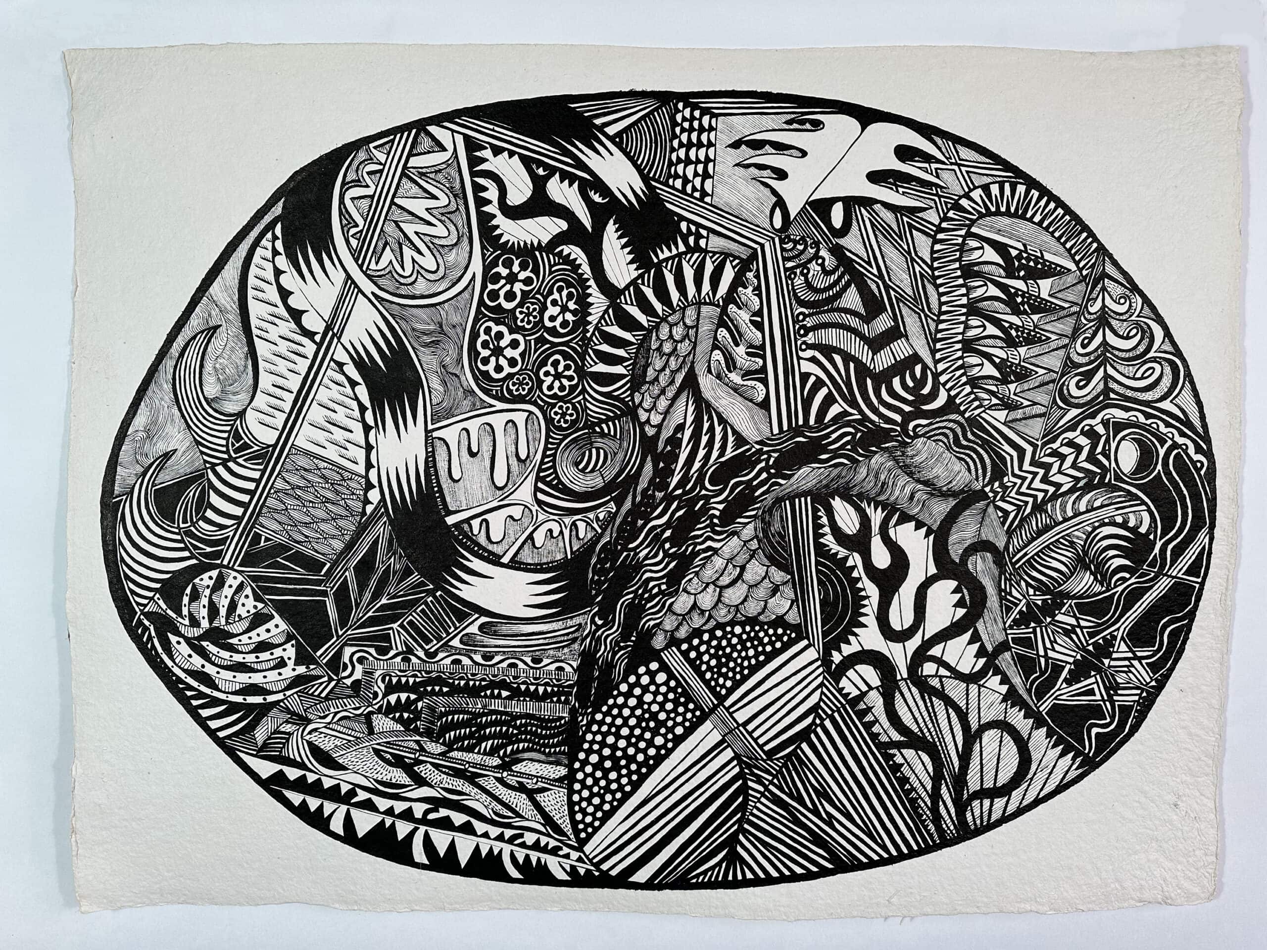 An intricate black and white abstract artwork featuring diverse patterns, shapes, and textures that evoke creativity and artistic expression.