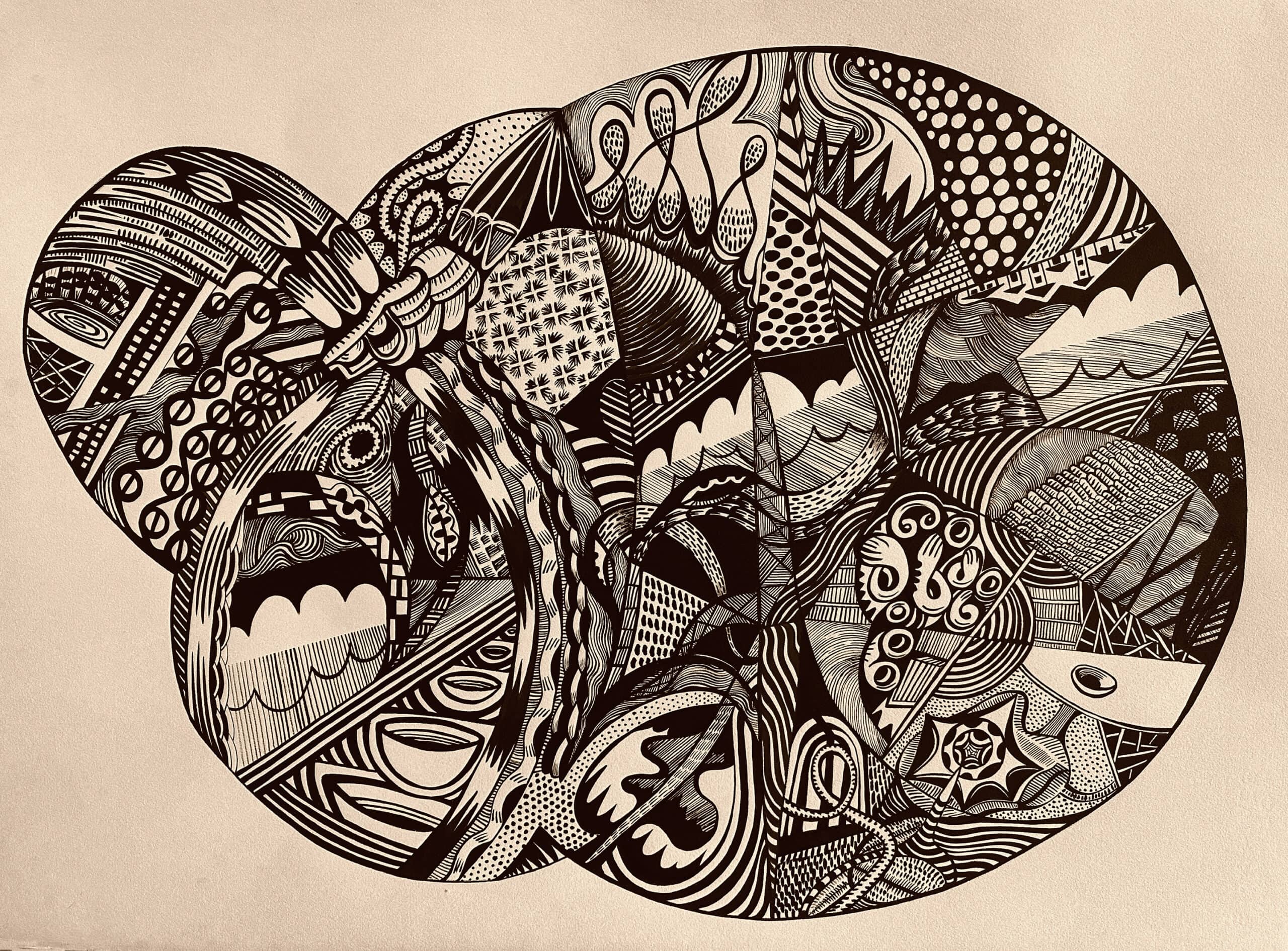 Abstract black and white artwork with complex patterns and detailed line work.