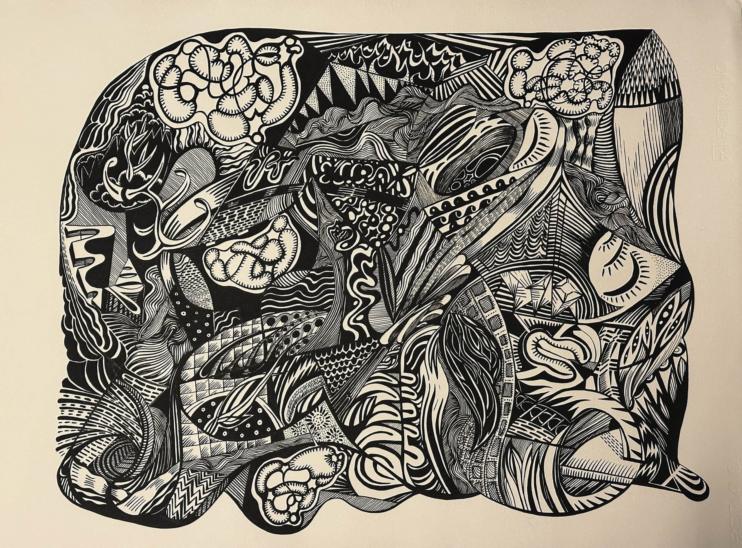Black and white abstract artwork featuring intricate patterns, swirling lines, and organic shapes, representing creativity and community engagement in the arts.