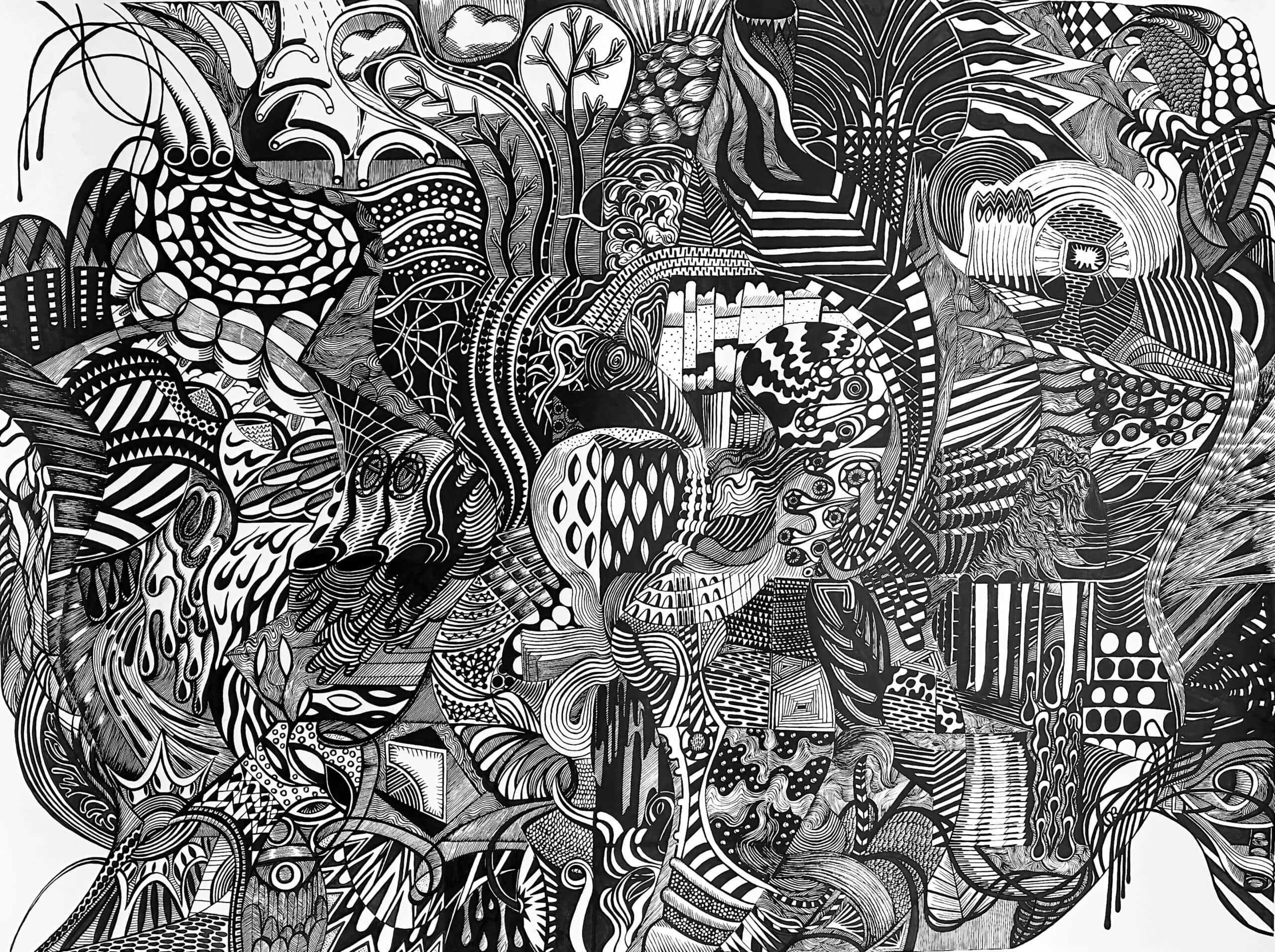 A detailed black and white abstract mural featuring intricate patterns, geometric shapes, and organic forms, representing creativity and community engagement.
