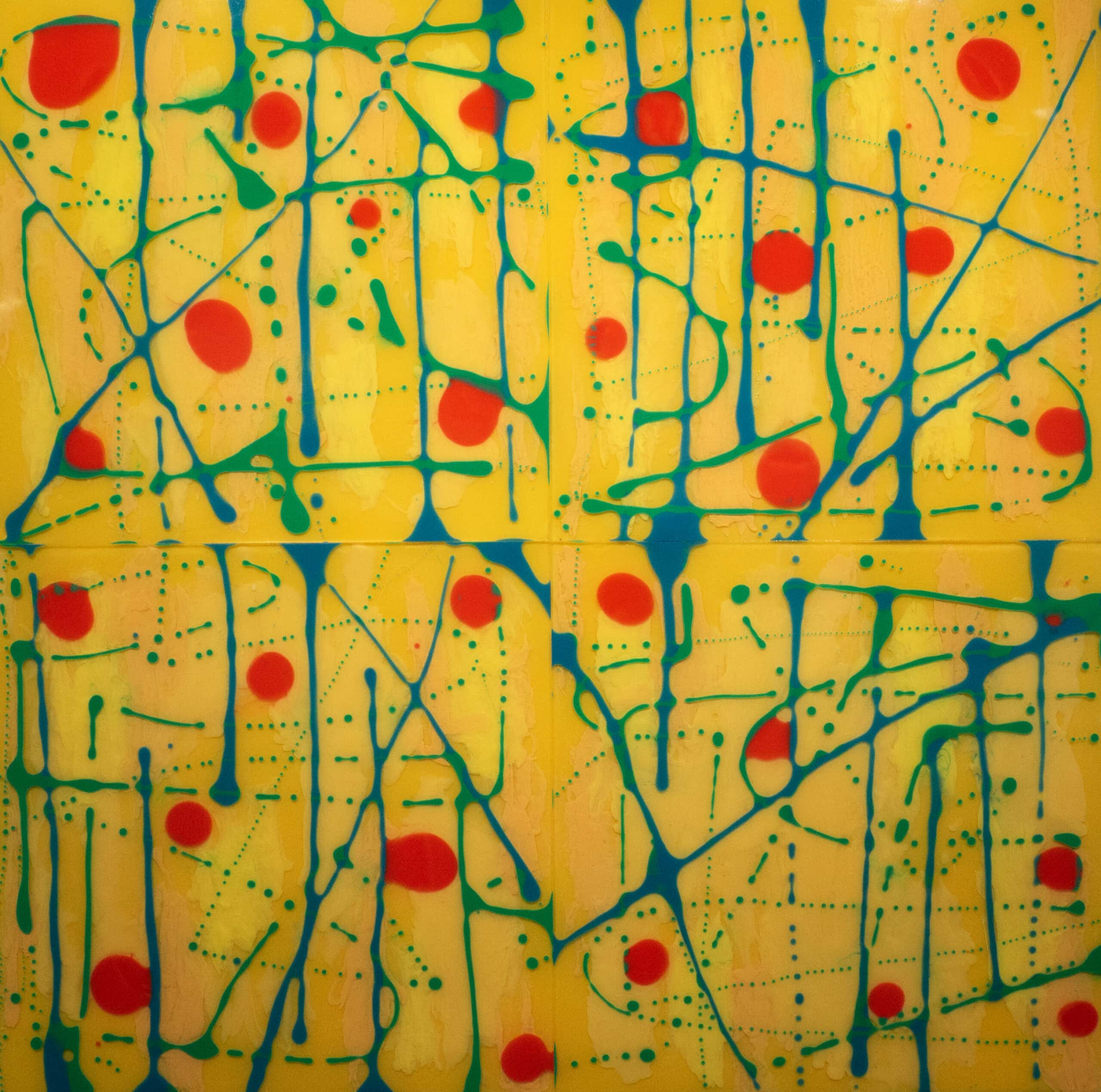 Colorful abstract art with yellow, blue, green, and red elements symbolizing creativity and artistic expression.