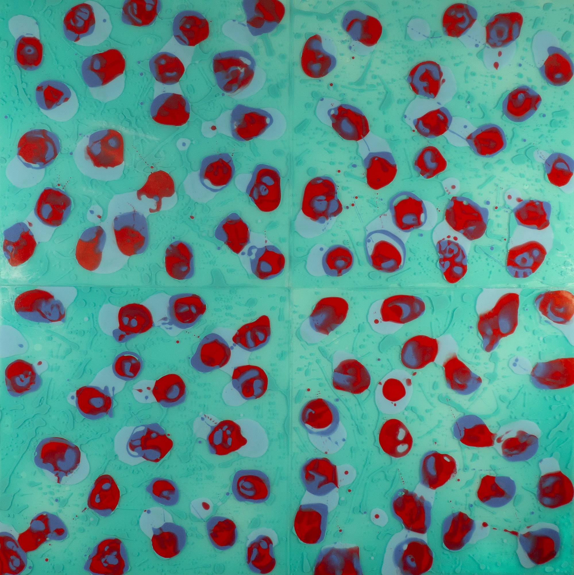 Colorful abstract art piece featuring red and blue shapes on a turquoise background, representing community creativity and artistic expression.