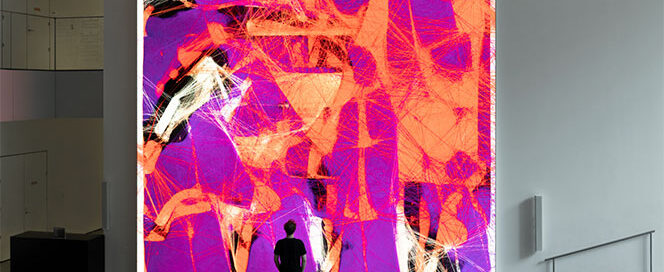 Large digital art installation featuring vibrant abstract patterns in pink, purple, and orange, displayed on a high-resolution LED screen in a modern gallery setting.