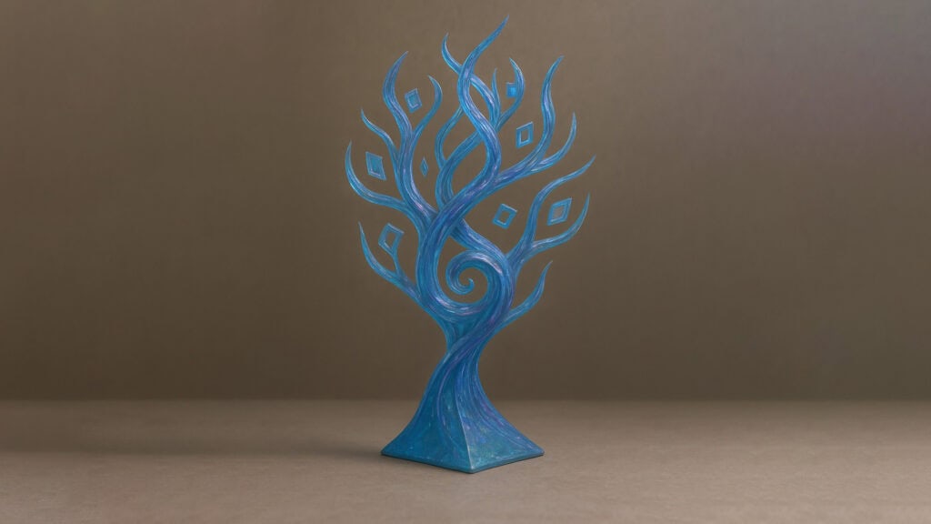 Abstract blue sculpture resembling a stylized tree or face, representing AI creativity and innovation, displayed on a neutral background.